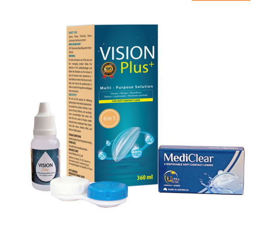 Cặp Kính Áp Tròng Australia Cận Thị Mediclear+ Nước Ngâm 360 ml + Nhỏ Mắt